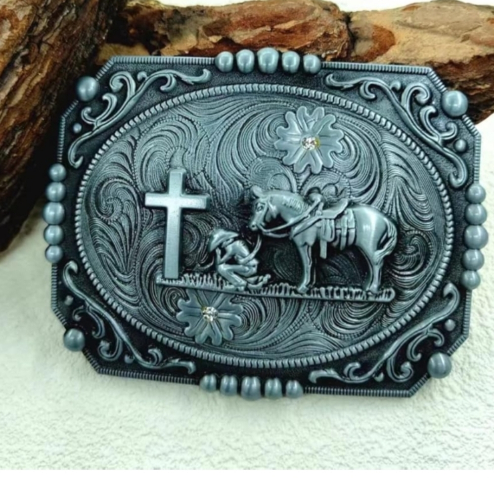 New Silver Western Cowboy Kneeling At Cross With Horse Belt Buckle